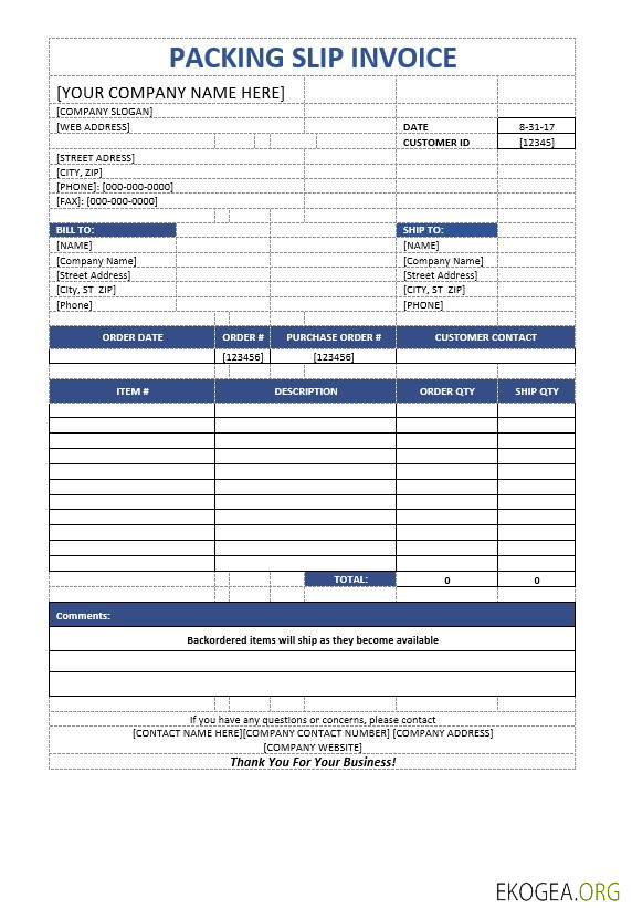 Modèle de facture de bordereau d'emballage